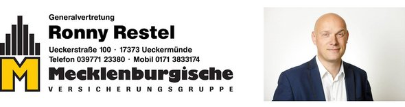 zeigt Visitenkarte Ronny Restel Mecklenburgische Versicherungsgruppe
