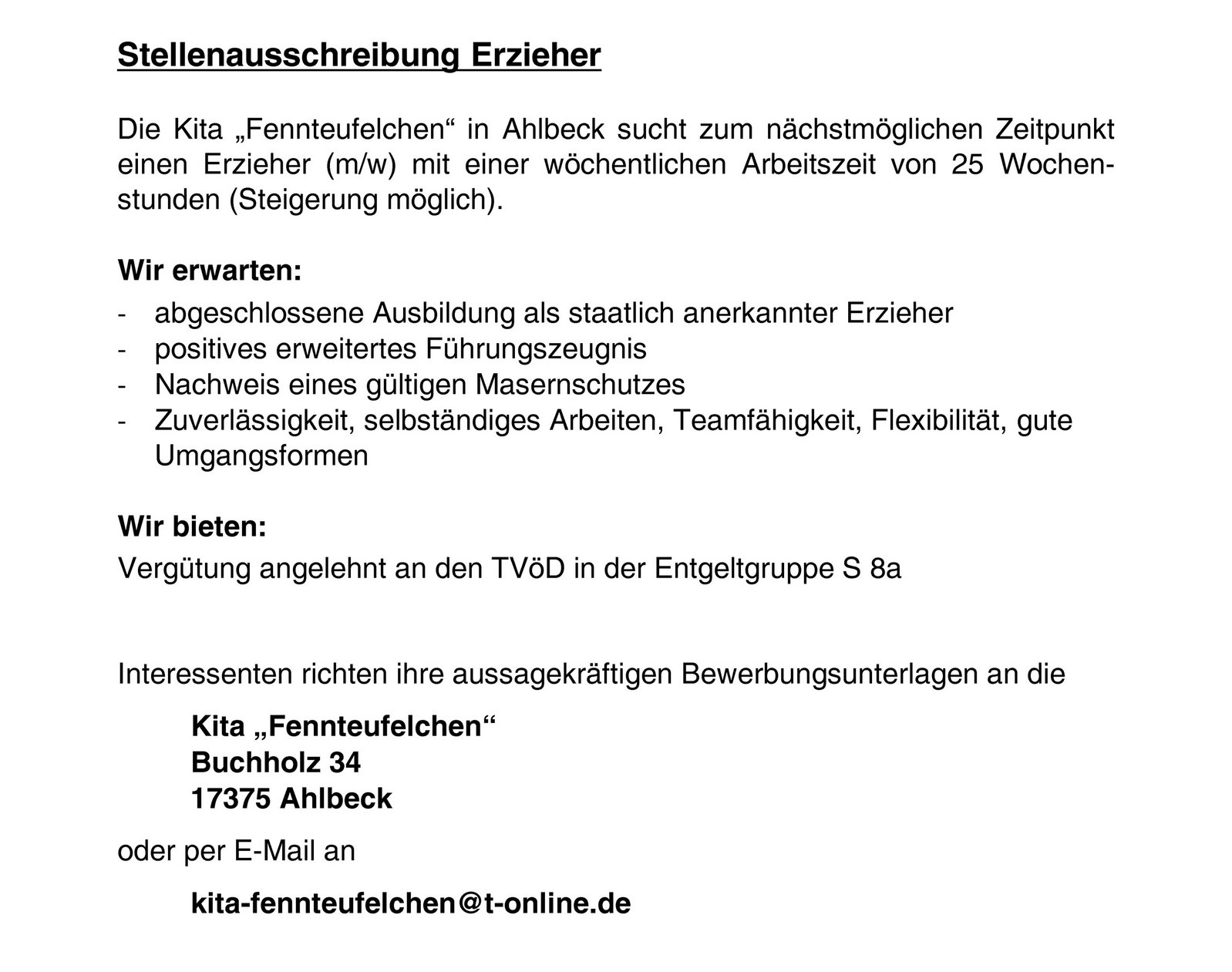 zeigt Stellenausschreibung