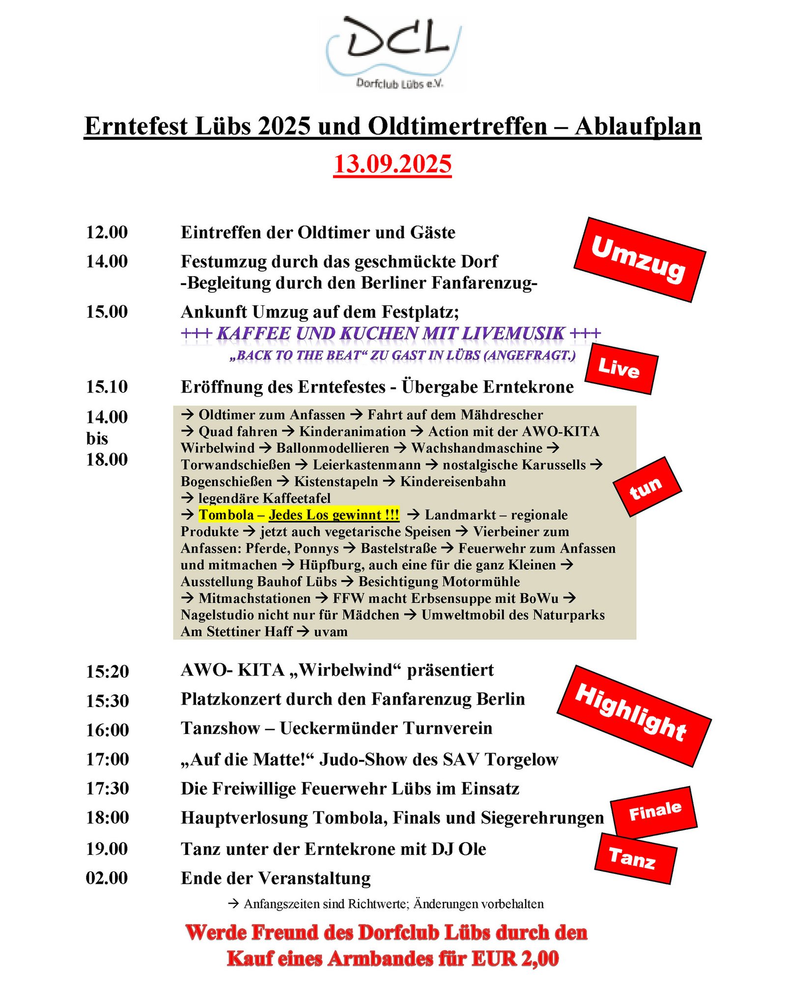 zeigt Ablaufplan für Veranstaltung Lübs 13.09.25